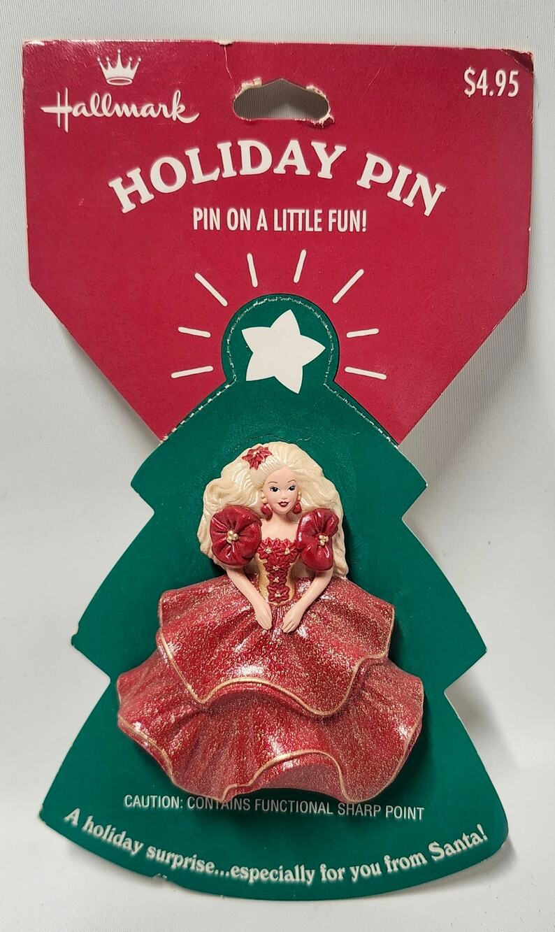 1995 Hallmark Holiday Barbie Christmas Pin Red Dress Vintage XLP3547